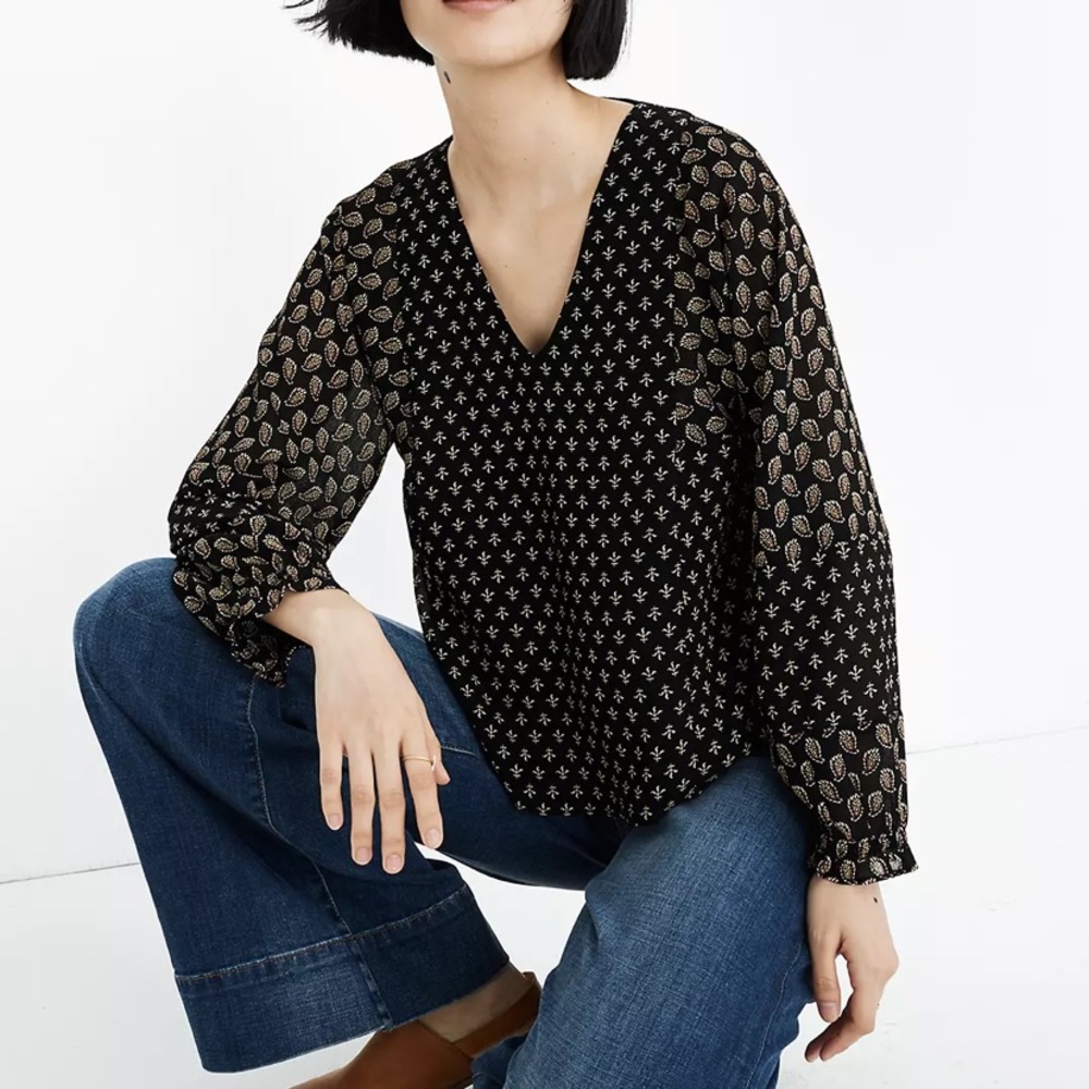 Madewell Sheer-Sleeve Top in Brushstroke Paisley Mix